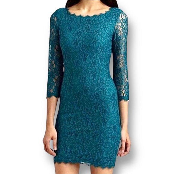 Diane Von Furstenberg Size 10 Zarita Teal Lace Dress Scallop Hem Cocktail Party - Picture 1 of 14
